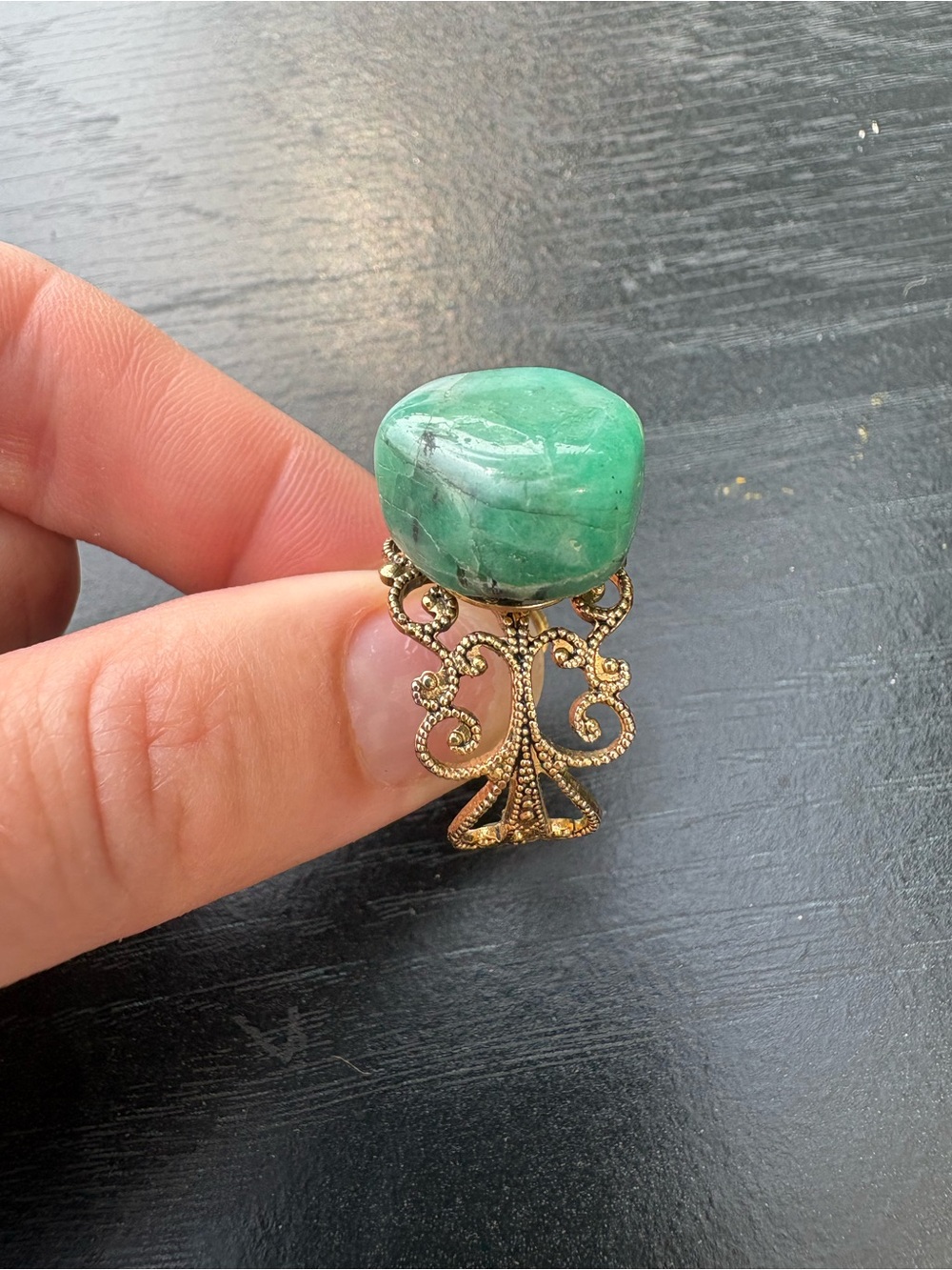 Adjustable Gold-Tone Filigree Ring with Green Gemstone - Picture 7 of 11